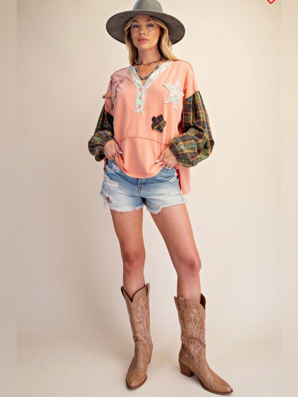 easel Peach Patchwork V-Neck Top with Green Plaid Balloon Sleeves NWT